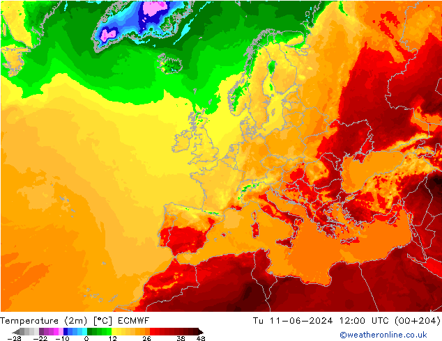température (2m) ECMWF mar 11.06.2024 12 UTC