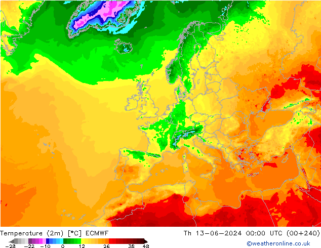 mapa temperatury (2m) ECMWF czw. 13.06.2024 00 UTC