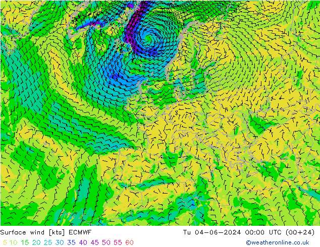 Surface wind ECMWF Út 04.06.2024 00 UTC