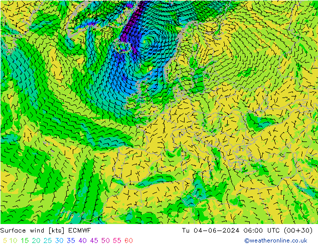 Surface wind ECMWF Tu 04.06.2024 06 UTC