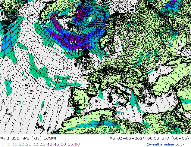 Wind 850 hPa ECMWF Mo 03.06.2024 06 UTC