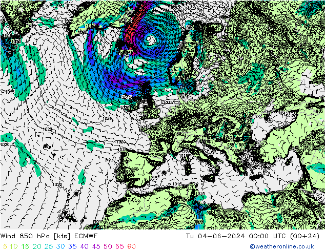 Wind 850 hPa ECMWF Út 04.06.2024 00 UTC