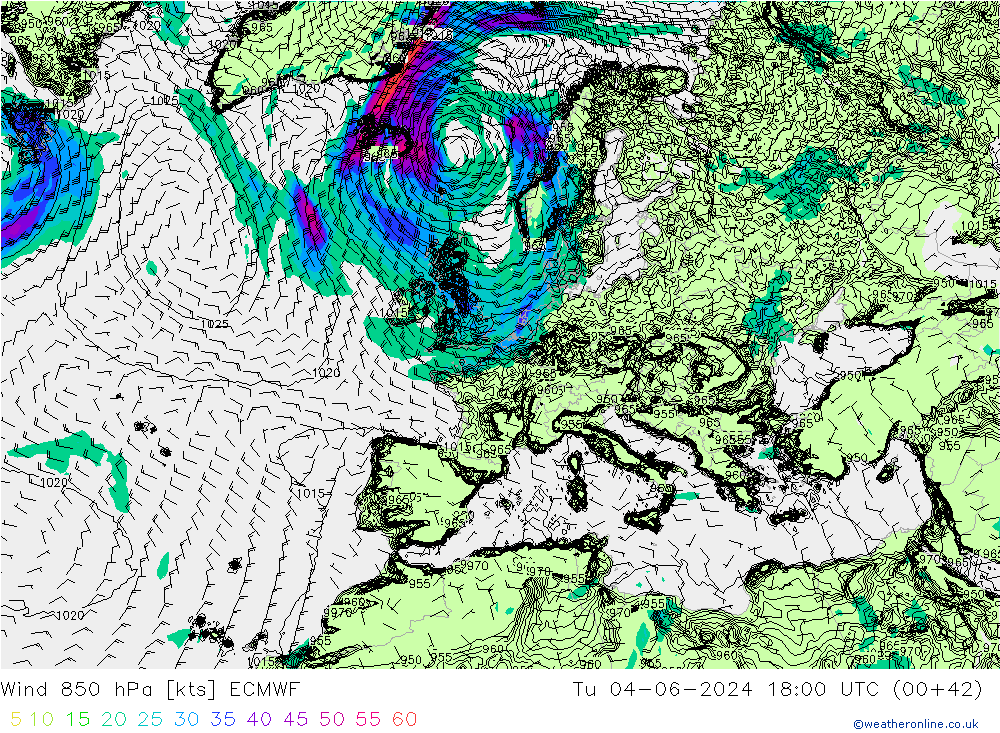 Wind 850 hPa ECMWF Tu 04.06.2024 18 UTC