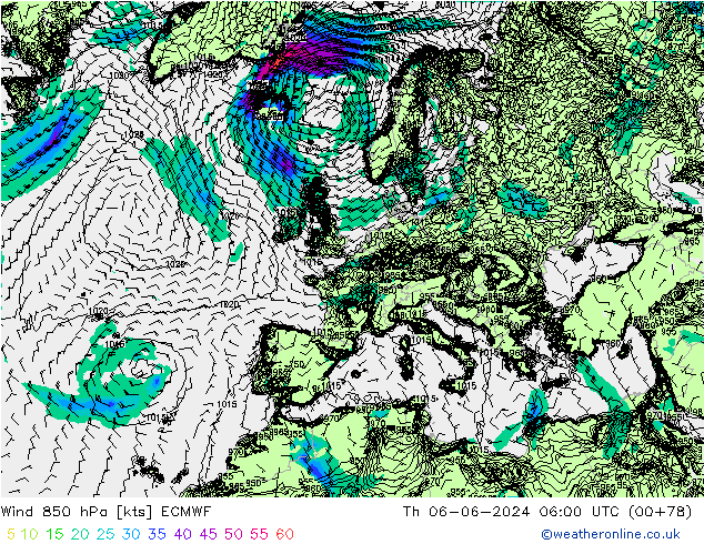 Wind 850 hPa ECMWF Do 06.06.2024 06 UTC