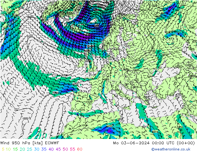 Wind 950 hPa ECMWF Mo 03.06.2024 00 UTC