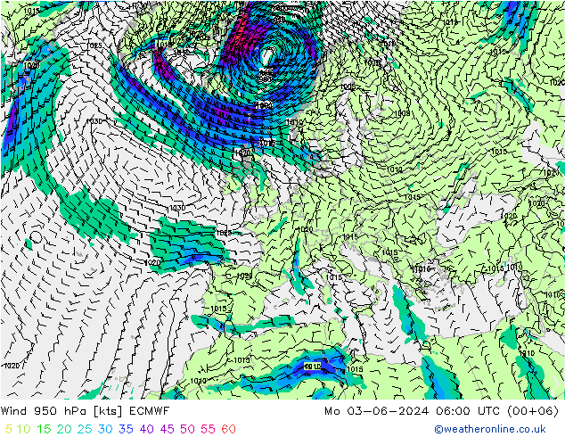 Prec 6h/Wind 10m/950 ECMWF lun 03.06.2024 06 UTC