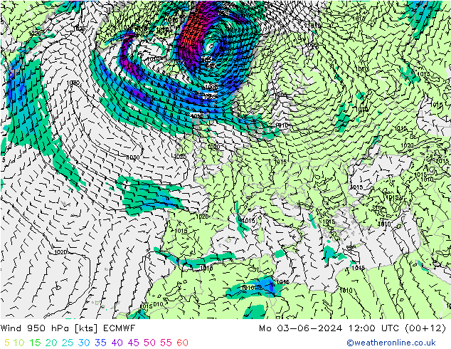 Wind 950 hPa ECMWF Mo 03.06.2024 12 UTC