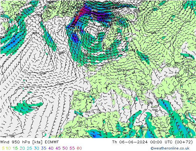 Rüzgar 950 hPa ECMWF Per 06.06.2024 00 UTC