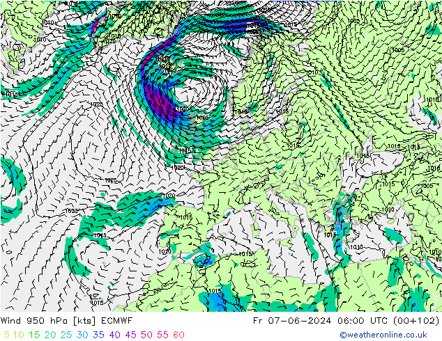 Viento 950 hPa ECMWF vie 07.06.2024 06 UTC