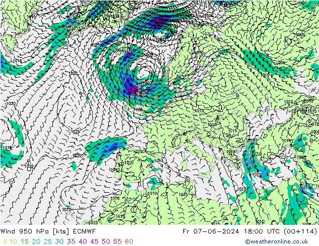 Viento 950 hPa ECMWF vie 07.06.2024 18 UTC