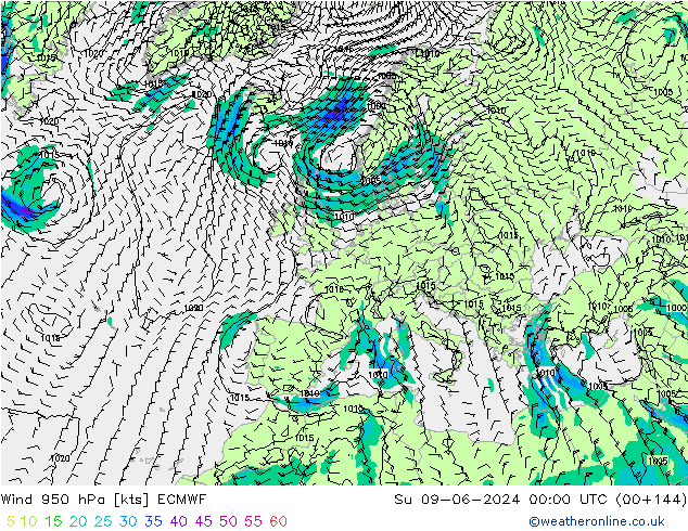 Wind 950 hPa ECMWF Su 09.06.2024 00 UTC