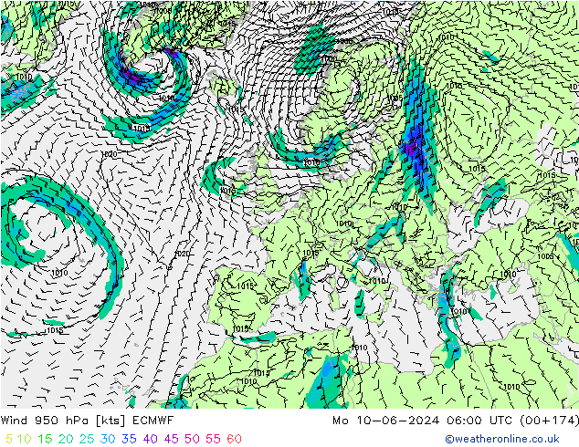 Wind 950 hPa ECMWF Mo 10.06.2024 06 UTC