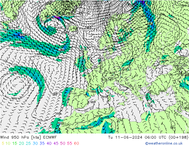 Wind 950 hPa ECMWF Di 11.06.2024 06 UTC