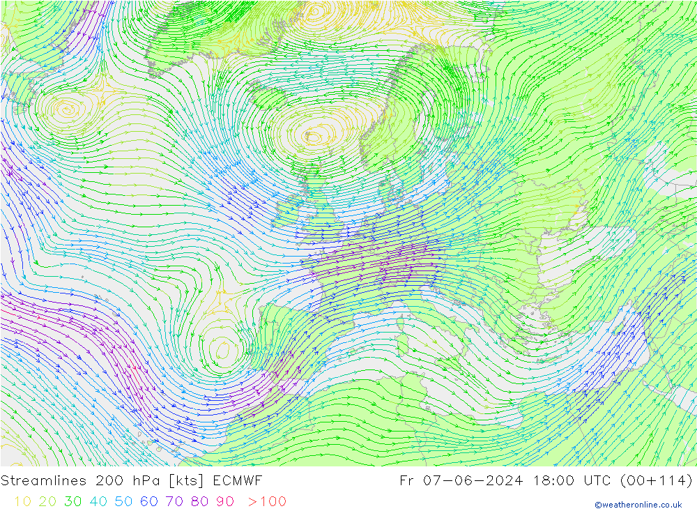 Stromlinien 200 hPa ECMWF Fr 07.06.2024 18 UTC