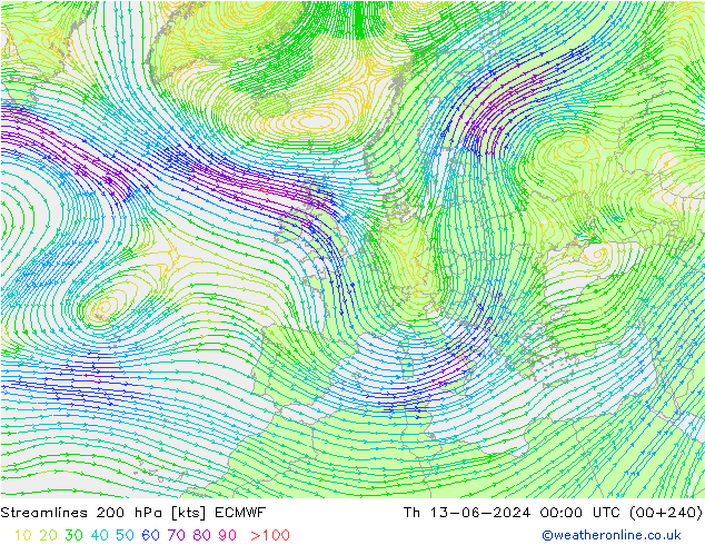 Linea di flusso 200 hPa ECMWF gio 13.06.2024 00 UTC