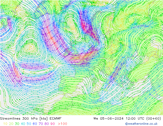 Streamlines 300 hPa ECMWF St 05.06.2024 12 UTC