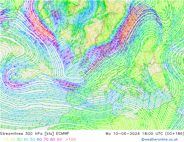 Ligne de courant 300 hPa ECMWF lun 10.06.2024 18 UTC