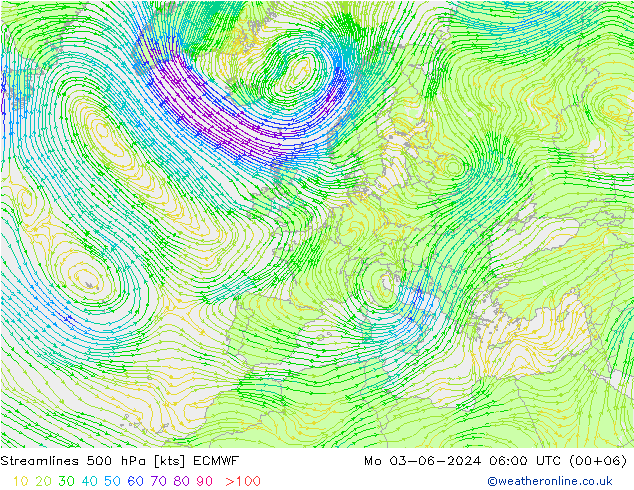 Línea de corriente 500 hPa ECMWF lun 03.06.2024 06 UTC