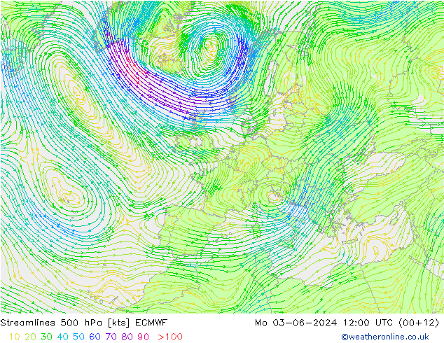 Linea di flusso 500 hPa ECMWF lun 03.06.2024 12 UTC