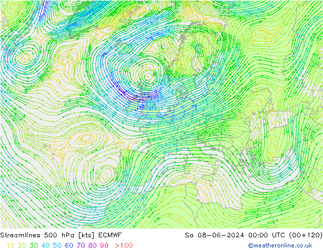 Ligne de courant 500 hPa ECMWF sam 08.06.2024 00 UTC