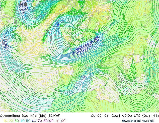 Streamlines 500 hPa ECMWF Su 09.06.2024 00 UTC