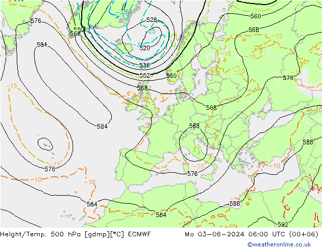 Z500/Rain (+SLP)/Z850 ECMWF 星期一 03.06.2024 06 UTC