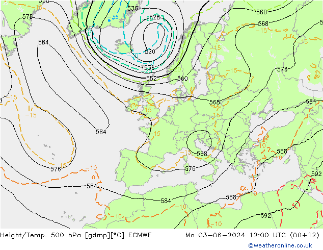 Z500/Rain (+SLP)/Z850 ECMWF Mo 03.06.2024 12 UTC