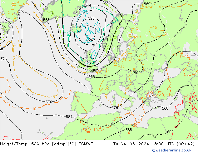 Z500/Rain (+SLP)/Z850 ECMWF wto. 04.06.2024 18 UTC