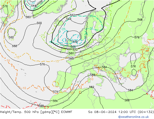 Height/Temp. 500 hPa ECMWF Sáb 08.06.2024 12 UTC