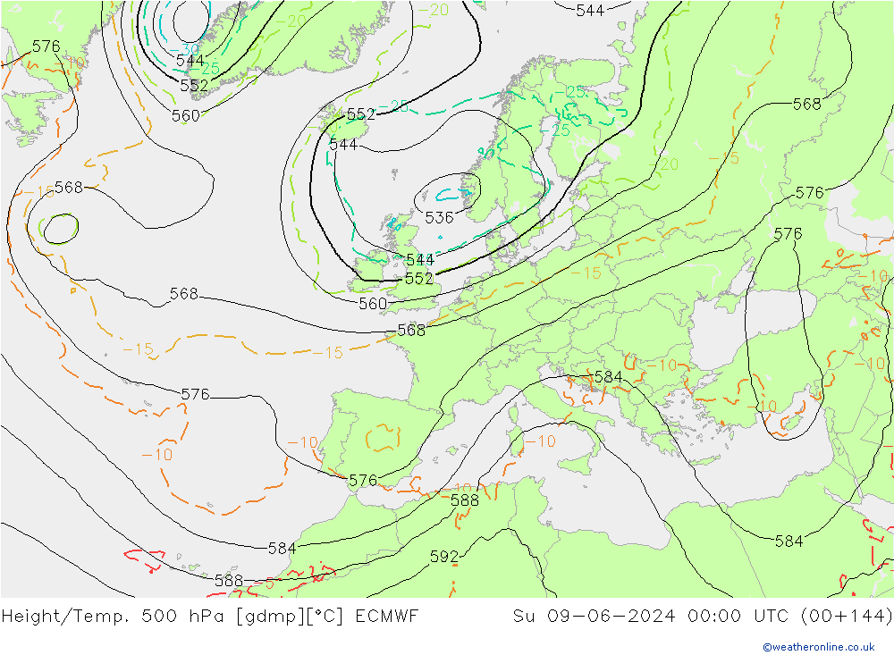 Z500/Rain (+SLP)/Z850 ECMWF Su 09.06.2024 00 UTC