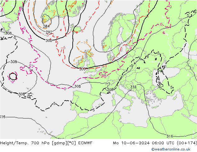 Height/Temp. 700 hPa ECMWF Mo 10.06.2024 06 UTC