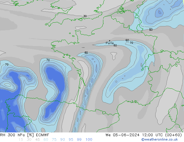 RH 300 hPa ECMWF Qua 05.06.2024 12 UTC