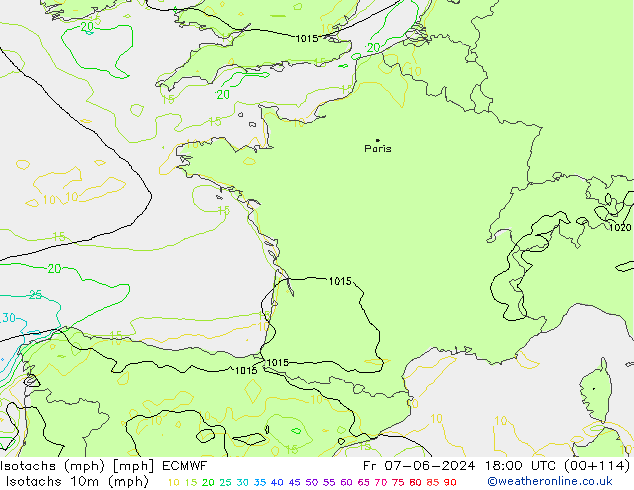 Isotachs (mph) ECMWF Fr 07.06.2024 18 UTC