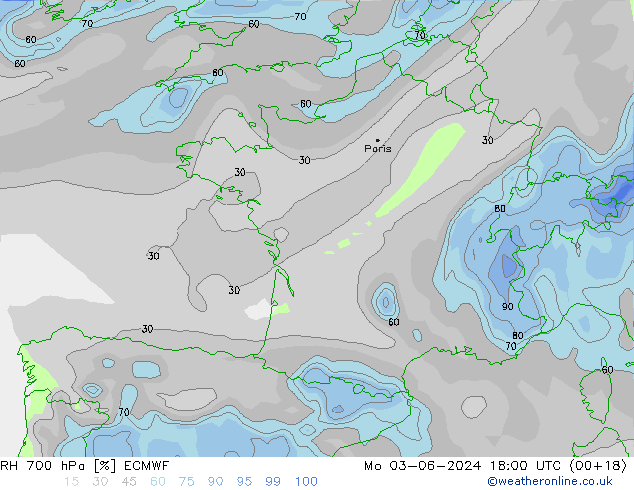 RH 700 hPa ECMWF pon. 03.06.2024 18 UTC