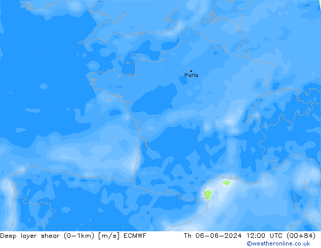 Deep layer shear (0-1km) ECMWF do 06.06.2024 12 UTC
