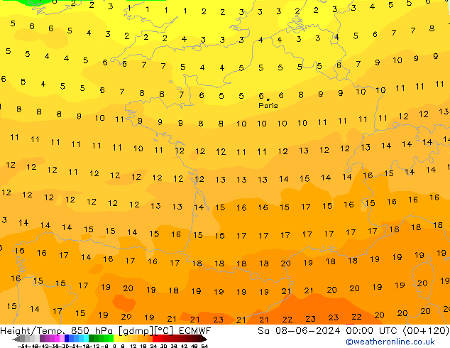 Geop./Temp. 850 hPa ECMWF sáb 08.06.2024 00 UTC