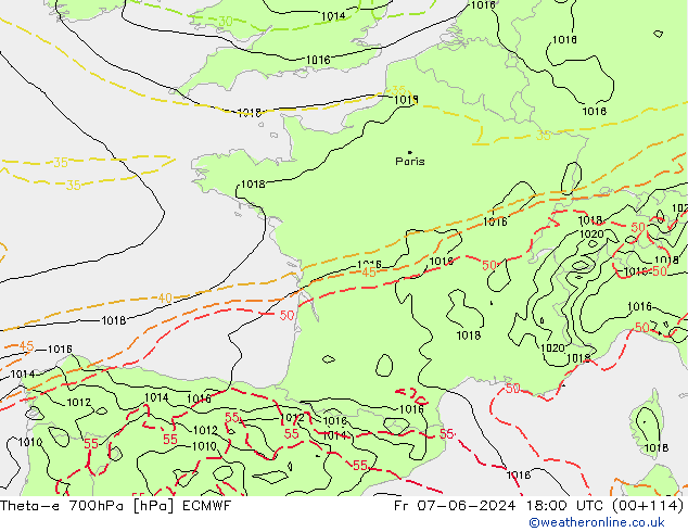 Theta-e 700hPa ECMWF Fr 07.06.2024 18 UTC