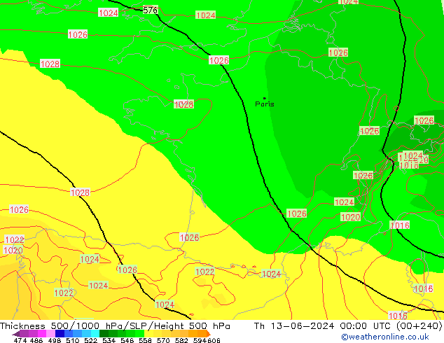 Espesor 500-1000 hPa ECMWF jue 13.06.2024 00 UTC