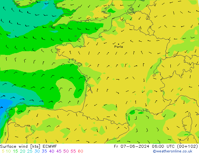 Surface wind ECMWF Fr 07.06.2024 06 UTC