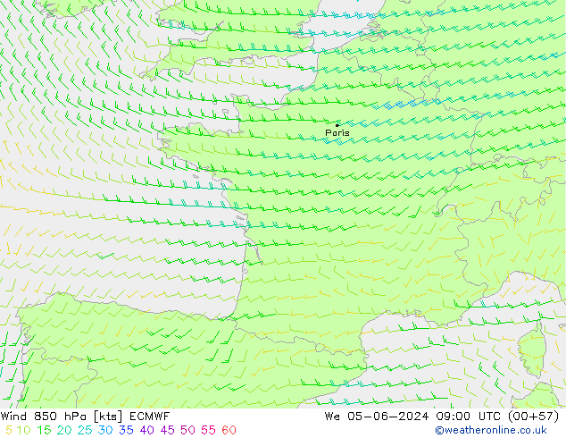 wiatr 850 hPa ECMWF śro. 05.06.2024 09 UTC