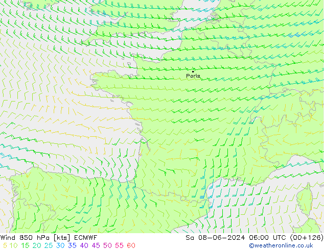 Viento 850 hPa ECMWF sáb 08.06.2024 06 UTC