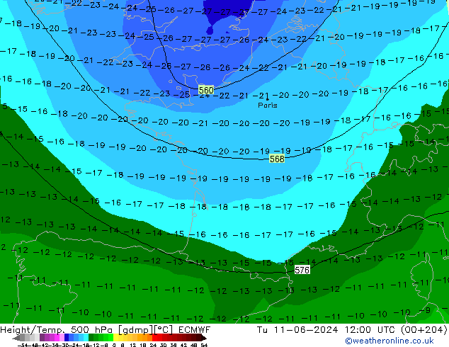 Z500/Rain (+SLP)/Z850 ECMWF вт 11.06.2024 12 UTC