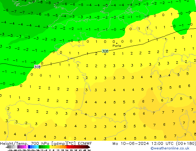 Height/Temp. 700 hPa ECMWF Mo 10.06.2024 12 UTC