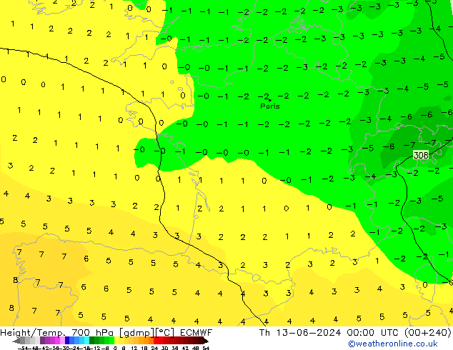 Height/Temp. 700 hPa ECMWF Čt 13.06.2024 00 UTC