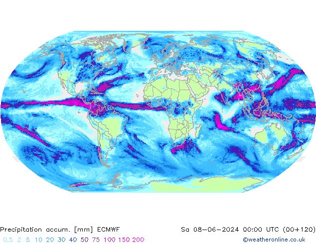 Precipitation accum. ECMWF сб 08.06.2024 00 UTC