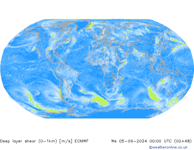 Deep layer shear (0-1km) ECMWF Qua 05.06.2024 00 UTC