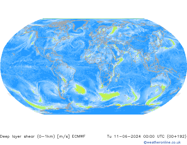 Deep layer shear (0-1km) ECMWF Ter 11.06.2024 00 UTC