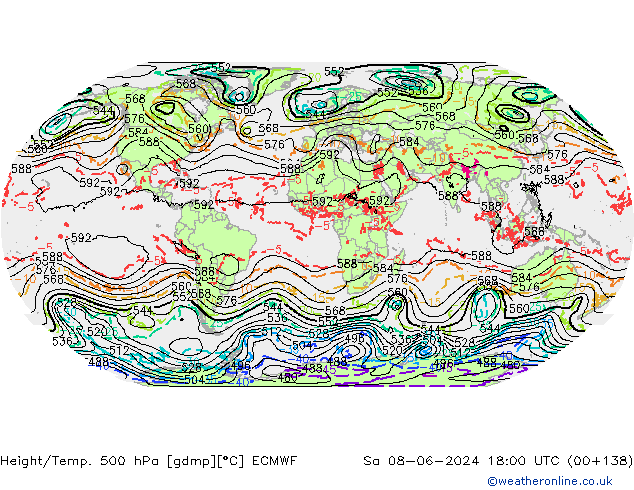 Height/Temp. 500 hPa ECMWF So 08.06.2024 18 UTC