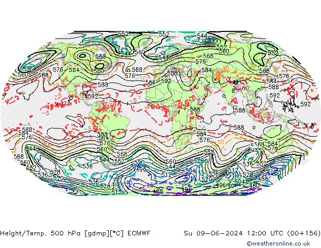 Z500/Rain (+SLP)/Z850 ECMWF Su 09.06.2024 12 UTC