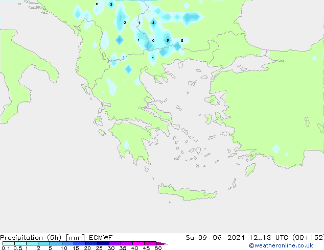 Precipitation (6h) ECMWF Su 09.06.2024 18 UTC